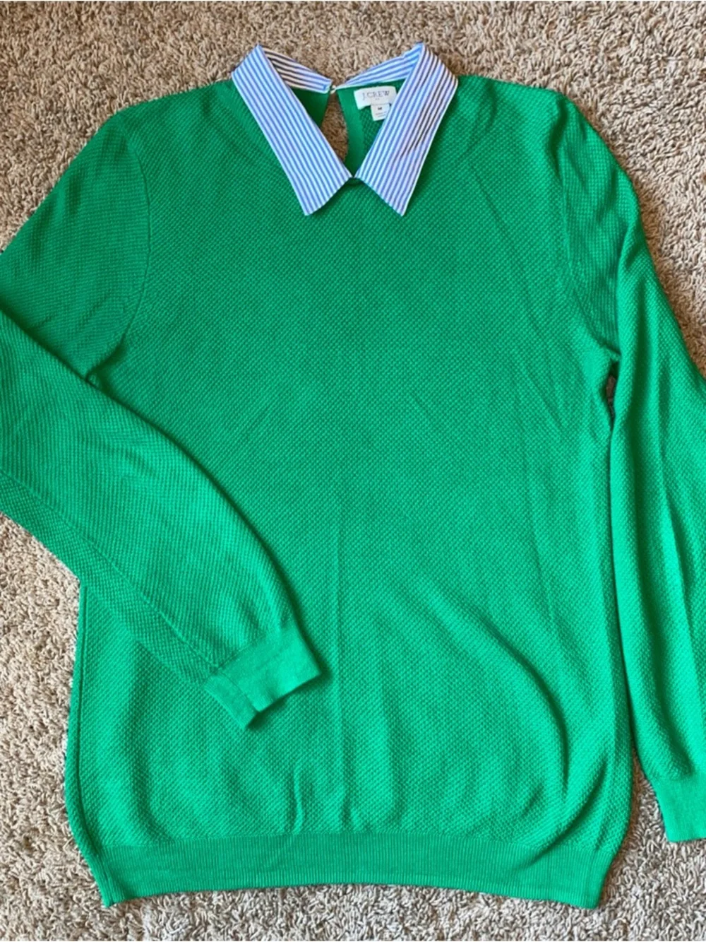 J.Crew Cotton Sweater with Contrast Striped Collar Womens M Green Preppy 90s